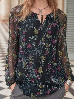 Sundance Acantha Black Floral Chiffon Long Sleeve Top Sz L